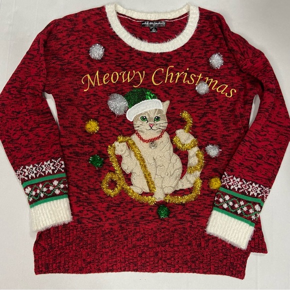 United States sweaters meowy Christmas ugly cute sweater tinsel bell sequin L - Picture 1 of 6